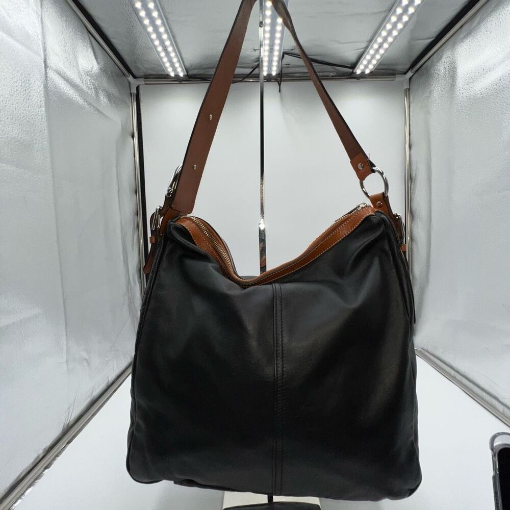 Lauren Ralph Lauren Farrington Black Leather Hobo Bag Brown Trim Shoulder